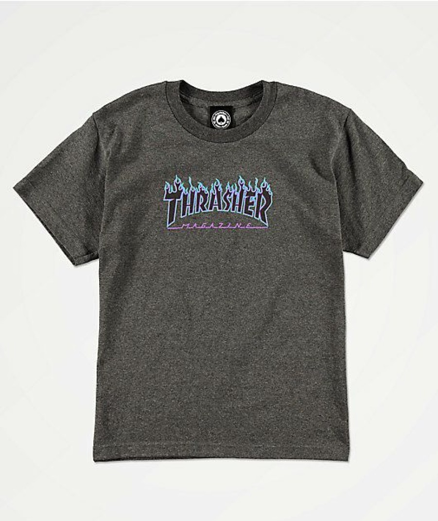 Kids T-Shirts * | Thrasher Kids Flame Logo Grey T-Shirt Nice Style